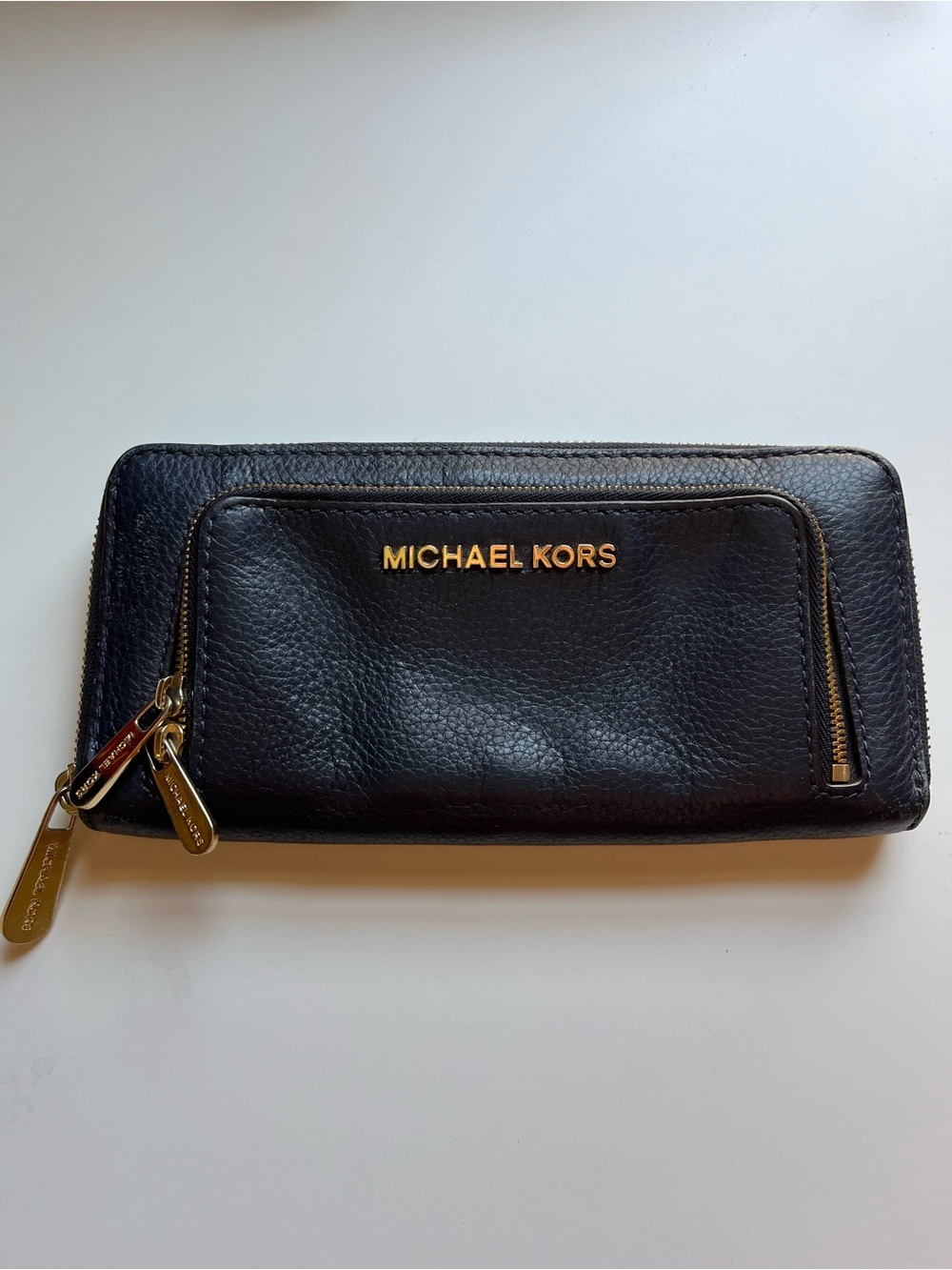 Michael Kors Dark Navy Blue Pebbled Leather Double Zip Wallet with Gold Hardware